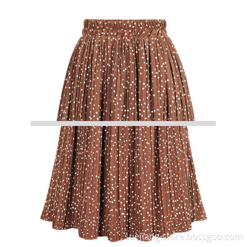 Printed Polka Dot Elastic Polyester Pleated Long Skirt